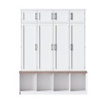Rustic Farmhouse Hall Tree with 8 Storage Doors, Heavy-Duty Shoe Storage Bench Unit with 4 Bottom Compartments, 59'' L x 15.5'' W x 75'' H, White