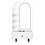 Modern Floating Makeup Vanity with Arched Mirror, Outlet and 3-Color Lights, Versatile Wall Vanity for Bedrooms, 23'' L x 15.5" W x 48" H, White