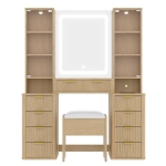 Elegant Fluted Dressing Vanity Desk with 3-Colour LED Mirror, Modern Makeup Table Unit with 10 Drawers, 43.5'' L x 15.5'' W x 54.5'' H, Oak