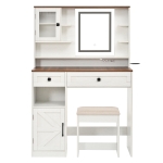 Farmhouse Makeup Vanity with LED Mirror and Outlet, Chic Dressing Table with Drawers and Stool, 37.5'' L x 15.5" W x 56" H, White+Walnut