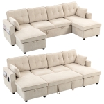 HOMCOM Sectional Sofa Bed, 113" U Shaped Pull Out Sleeper Sofa Bed with Dual Storage Chaises, Wide and Deep Seat, Beige