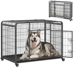 PawHut Folding Dog Crate Heavy Duty Cage for Extra Large Sized Dogs with Double Doors, Lockable Wheels Tray, 49" x 30" x 32"