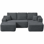 Billowy Fabric Sofa with U-Shaped Chaise and Side Pockets, Tidy Couch for Living Room and Bedroom, 104'' L x 67" W x 32.5" H, Grey Right