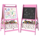 Qaba Art Easel for Kids, 3-in-1 Double-Sided Kids Easel with Chalkboard, Whiteboard, Paper Roll, 2 Storage Bins for 3-8, Pink