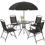 Outsunny 6 Piece Patio Dining Set for 4 with Umbrella, Outdoor Table and Chairs with 4 Folding Dining Chairs & Round Glass Table for Garden, Backyard and Poolside, Black and Coffee
