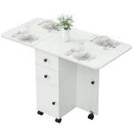 HOMCOM Drop Leaf Dining Table, Mobile Folding Table on Wheels with Drawers and Cabinet for Dining Room, Kitchen, Marble White