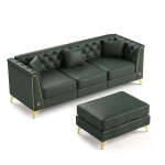 Elegant 3-Seater Chesterfield Sofa with Button Tufting, Chic Faux Leather Couch with 3 Pillows and Ottoman, 81.5'' L x 30.5" W x 30.5" H, Green