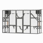 PawHut Large Outdoor Catio with Condos, Platforms, Doors, Ladders, Weather-Resistant Roof, Grey