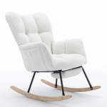 Plush Teddy Fabric Rocking Chair with Adjustable Footstool, Ergonomic Nursery Chair for Living Room Bedroom, 37-49'' L x 26"W x 35-36" H, Ivory