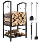 Outsunny 2-Tier Firewood Log Rack with 4 Tools, Fireplace Wood Storage Holder with Shovel, Broom, Poker, Tongs and Hooks, Black