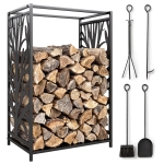 HOMCOM 18.1" x 11.8" x 27.6" Firewood Rack with 4 Tools, Log Holder for Fireplace, Outdoor Indoor Wood Storage Stacker, Black