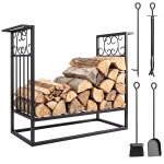 HOMCOM 29.5" x 11.75" x 23.5" Heavy Duty Firewood Wood Log Rack Vintage Design Firewood Storage Shelf w/ 4 Tools, Black