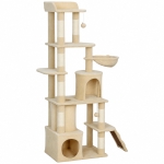 PawHut 67" Large Cat Tree with 7 Scratching Posts, Tunnel, 2 Condos, Hammock, Perch, Ramp, Pompoms, Beige