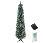 HOMCOM 6ft Pencil Prelit Christmas Tree, Dual Color LEDs, Flocked, Remote, Slim Xmas Tree with 11 Modes, Green White