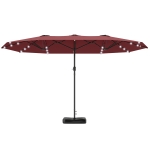Outsunny Garden Parasol 14.4ft Double-Sided Sun Umbrella with Base, Patio Parasol with LED Solar Lights, Wine Red