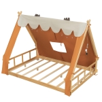 Modern Full-Size House Bed with Detachabl Tent, Sturdy Wooden Platform Bed with Skylight and 8 Slats, 79.5" L x 57.5" W x 63" H, Brown