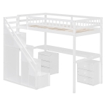 Chic Twin Loft Bed with Desk and 7-Color LED Lights, Space-Saving Storage Bed with 2 Drawers and Stairs, 79" L x 59.5" W x 68" H, White