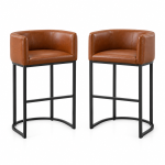 Elegant Set of 2 Counter-Height Bar Stools with PU Leather, Comfortable Kitchen Chairs with Armrests and Footrests, 22'' L x 20" W x 36" H, Brown
