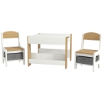 Qaba 3pc Kids Table and Chair Set with Reversible Tabletop Blackboard, Storage & Bookshelves, Natural