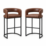 Modern Set of 2 Bar Stools with PU Leather and Curved Backrests, Counter-Height Kitchen Chairs with Metal Legs, 22" L x 21" W x 36" H, Brown