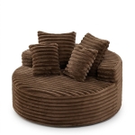 Plush Oversized Round Lounge Chair with Segmented Backrest, Velour Sofa with 4 Pillows and No Assembly, 54.5'' L x 54.5" W x 33" H, Brown