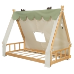 Whimsical Twin House Bed with Detachable Tent and Skylight, Sturdy Kids Wooden Platform Bed with 8 Slats, 79.5" L x 41" W x 63" H, White