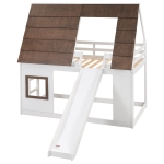 Chic Wood House Bunk Bed with Roof, Ladder and Slide, Kid-Friendly Twin Bed for Bedroom Kids Room, 78.5" L x 41.5" W x 81.5" H, White+Brown