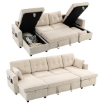 HOMCOM Sectional Sofa Bed, 113" U Shaped Pull Out Sleeper Sofa Bed with Dual Storage Chaises, Wide and Deep Seat, Beige
