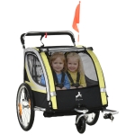 Aosom 2 Seat Bike Trailer for Kids 2-in-1 Double Baby Stroller with Handbrake, Rubber Wheels, 5 Point Harness, Yellow