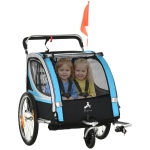 Aosom 2 Seat Bike Trailer for Kids 2-in-1 Double Baby Stroller with Handbrake, Rubber Wheels, 5 Point Harness, Blue
