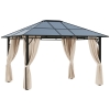 Outsunny 10' x 12' Hardtop Gazebo Canopy with Polycarbonate Roof, Aluminum Frame, Permanent Pavilion Outdoor Gazebo with Netting, for Patio, Garden, Backyard, Deck, Lawn, Dark Brown, Off-White
