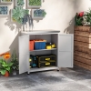 Outsunny Garden Storage Cabinet, Outdoor Potting Bench Table with Metal Tabletop, Shelf and Double Doors, Grey