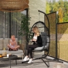 Outsunny Wicker Egg Swing Chair with Stand, Foldable Hanging Egg Chair with UV Resistant Cushion, Headrest, Dark Grey