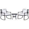 Outsunny 3 Piece Patio Rocking Bistro Set, Outdoor PE Rattan Wicker Rocking Chairs with Cushioned, Pillows, Two-Tier Glass Storage Shelf Coffee Table, Cream White