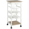 HOMCOM Mobile Kitchen Cart, Rolling Kitchen Island with Storage, Solid Wood Frame Utility Cart with Wire Fruit Baskets, Trays and Drawer, White