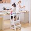 Qaba 2-in-1 Kids Kitchen Helper Step Stool, Detachable Toddler Table and Chair Set, Children Standing Tower for Kitchen Counter with Safety Rail Chalkboard, White