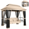 Outsunny 3-Seat Patio Swing Chair, Outdoor Gazebo Swing with Double Tier Canopy, Mesh Sidewalls, Cushioned Seat and Pillows, Beige