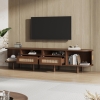 Modern TV Stand with 2 Rattan Drawers and 2 Sliding Doors, Rounded-Corner TV Cabinet with Centre Rattan Panel, 65" L x 15.5" W x 15.5" H, Walnut