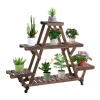 Outsunny Outdoor Plant Stand w/ Wheels and Brakes, Mobile Wood Plant Shelf Flower Stand for Garden Balcony Backyard Corner Living Room, Brown