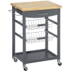 HOMCOM 3-Tier Kitchen Cart, Utility Cart with Solid Wood Top, Steel Basket, Rolling Kitchen Island with Drawer, Microwave Stand, Gray