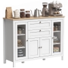 HOMCOM 47" Sideboard, Buffet Cabinet with Rubber Wood Top, Glass Door, Kitchen Coffee Bar Cabinet with Drawers, Adjustable Shelving for Living Room, White