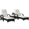Outsunny Wicker Outdoor Chaise Lounge Chair Set of 3 with Side Table, 5-Level Adjustable Backrest PE Rattan Pool Lounge Chair with Wheels, Cushion & Headrest, Black and Cream White