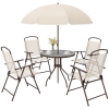 Outsunny 6 Piece Patio Dining Set for 4 with Umbrella, Outdoor Table and Chairs with 4 Folding Dining Chairs & Round Glass Table for Garden, Backyard and Poolside, Beige