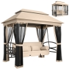 Outsunny 3-Seat Patio Swing Chair, Outdoor Gazebo Swing with Double Tier Canopy, Mesh Sidewalls, Cushioned Seat and Pillows, Beige
