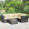 Outsunny 3 Pieces Rattan Wicker Outdoor Conversation Furniture Set w/ Loveseats Coffee Table Cushions for Garden, Patio, Beige