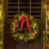 HOMCOM Christmas Wreath 24" Pre-Lit Artificial Greenery Xmas Spruce Wreath Cones Red Berries 20 LED Lights Battery Operated