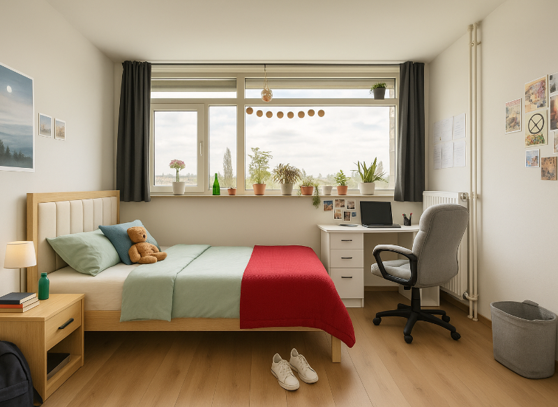 Cozy Student Bedroom: Bed, Desk, Chair, Nightstand