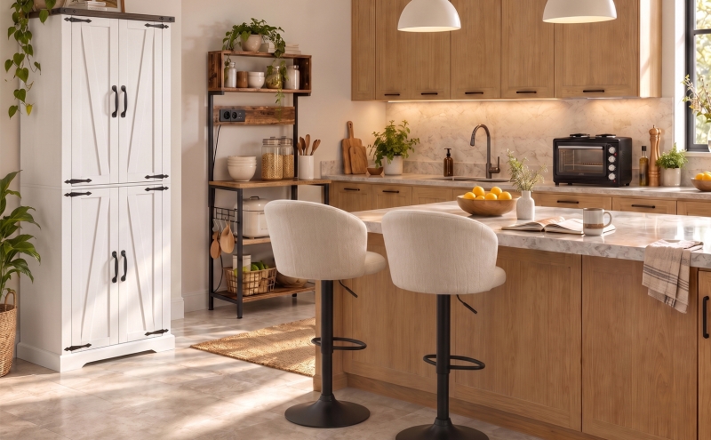 An organized kitchen, a welcoming bar area