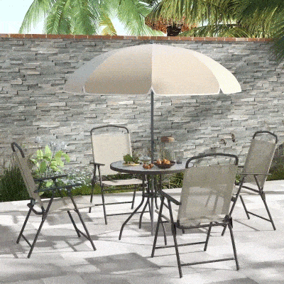 Outsunny 6 Pieces Outdoor Dining Set for 4 with Umbrella Patio Outdoor Furniture Set with Round Table 4 Folding Chairs Cream