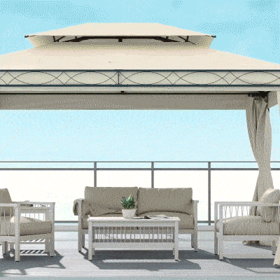 Outsunny 10x13ft Garden Gazebo Double-Tiered with Curtain Outdoor Shelter Backyard Canopy Cream White